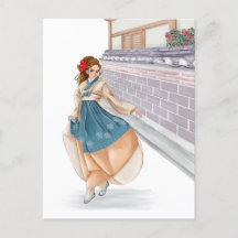 Koreanisches Mädchen, das hanbok-Postkarte wärmt