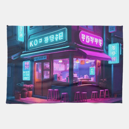 Koreanisches Neon-Café LoFi-Kunst Geschirrtuch (Horizontal)