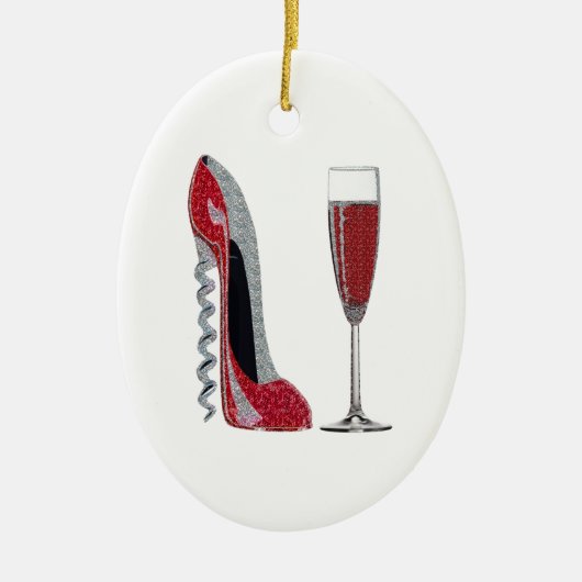 Korkenzieher-rote Stilett-und Champagne-Glas-Kunst Keramikornament (Vorne)