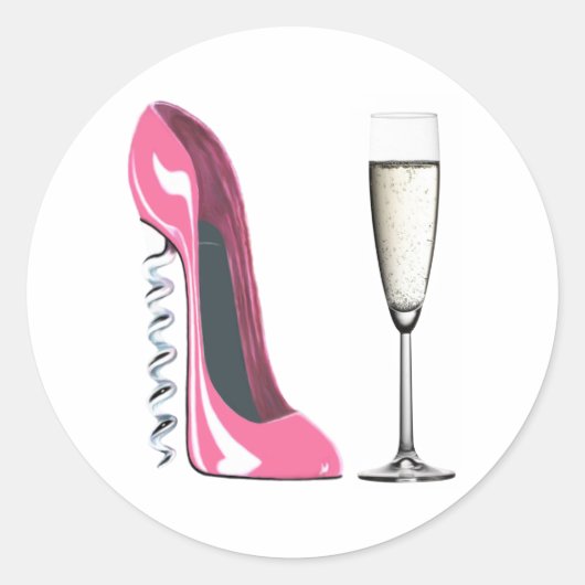 Korkschraube Pink Stiletto Shoe and Champagne Glas Runder Aufkleber (Vorderseite)
