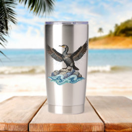 Kormoran auf Felsen Thermobecher