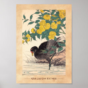 Kormorant und Kerria Rose Blume und Vogelmalerei Poster