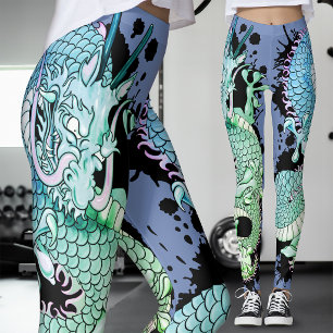 Kornblumenblau und grüner Splash-Drachen-Tattoo Leggings