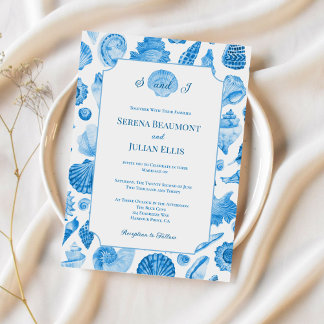 Kornblumenblaue Küsten-Muschel-Hochzeit Einladung