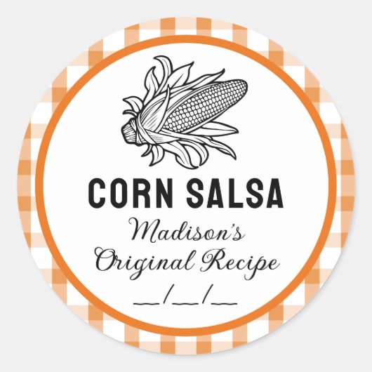 Kornsalsa-Aufkleber mit orangefarbenem karierten M Runder Aufkleber (Vorderseite)