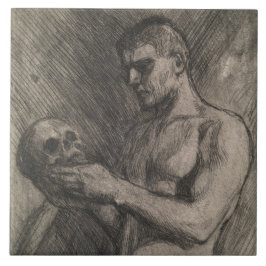 Körper eines Mannes, der einen Schädel hält (von A Fliese