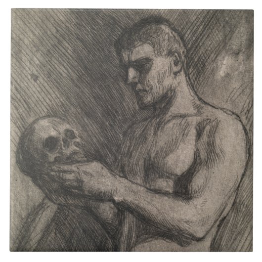 Körper eines Mannes, der einen Schädel hält (von A Fliese (Vorderseite)