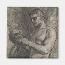 Körper eines Mannes, der einen Schädel hält (von A