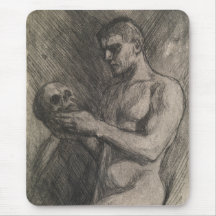 Körper eines Mannes, der einen Schädel hält (von A