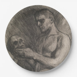 Körper eines Mannes, der einen Schädel hält (von A Pappteller