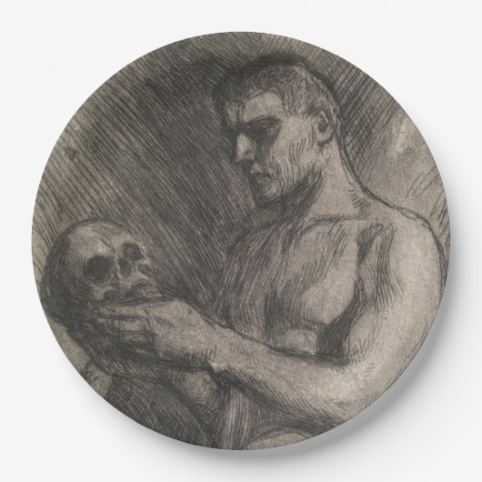 Körper eines Mannes, der einen Schädel hält (von A Pappteller (Vorderseite)