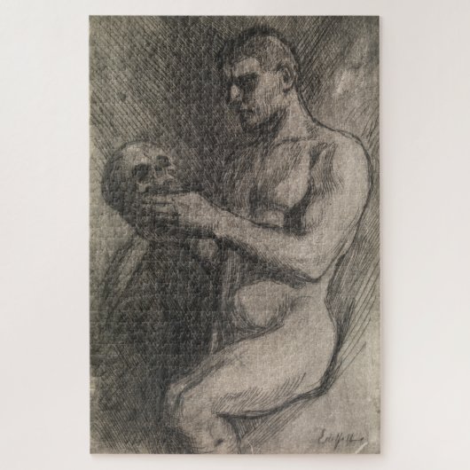 Körper eines Mannes, der einen Schädel hält (von A Puzzle (Vertikal)