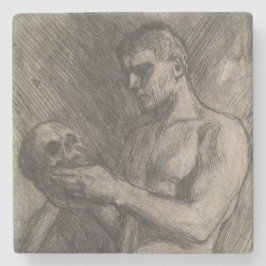 Körper eines Mannes, der einen Schädel hält (von A Steinuntersetzer