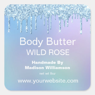 Körperbutter Blau Tröpfchen Glitter Personalisiert Quadratischer Aufkleber