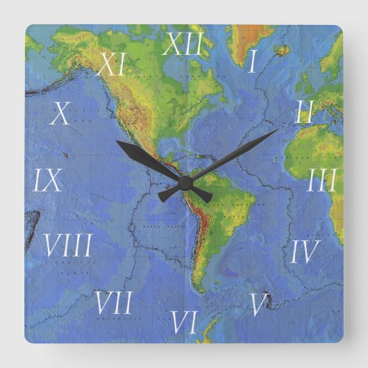 Körperliche Karte der Welt1994 - tektonischer Tell Quadratische Wanduhr (Vorderseite)