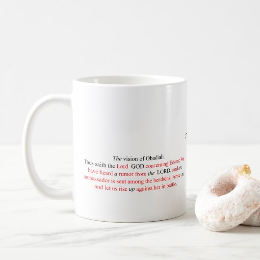 Korrigierter King James Obadja 1:1 Becher Kaffeetasse (Mit Donut)