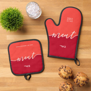 Kosher Kitchen Script Fleisch mit Hebräisch Rot Ofenhandschuh & Topflappen-Set