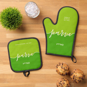 Kosher Kitchen Script Parve mit Hebräisch Green Ofenhandschuh & Topflappen-Set