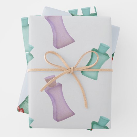 Kosmetikflaschen in grünen Farben mit Bogen Geschenkpapier Set (Beispiel)