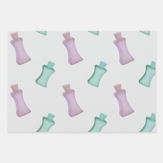 Kosmetikflaschen in grünen Farben mit Bogen Geschenkpapier Set (Vorderseite)