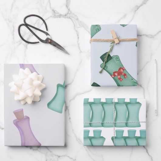 Kosmetikflaschen in grünen Farben mit Bogen Geschenkpapier Set (Vorderseite)