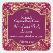 Kosmetikmarke "Burgundy & Goldfolie Damask Seife"  Quadratischer Aufkleber (Vorderseite)