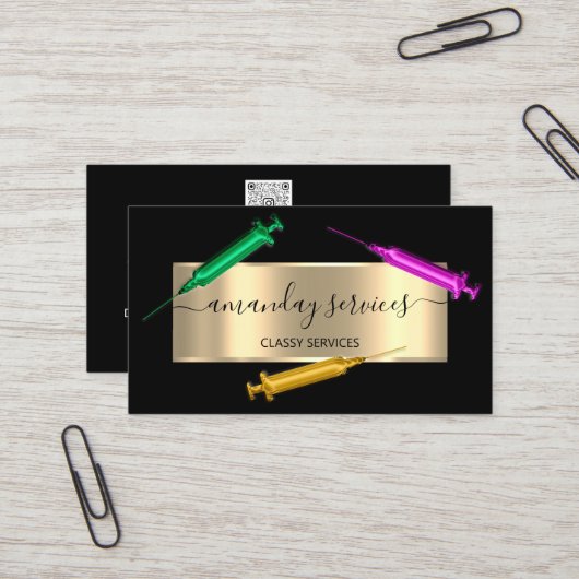 Kosmetologe Spritze Botox B12 QRCode Black Pink Visitenkarte (Vorderseite/Rückseite Beispiel)