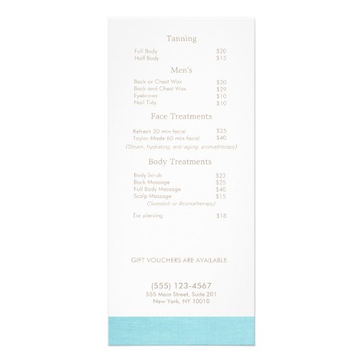 Kosmetologie Silber Blätter Salon Price List Menü (Hinten)