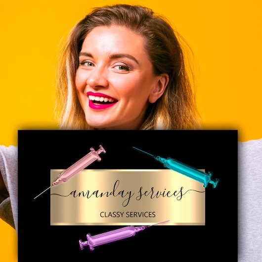 Kosmetologin Spritze Botox B12 QRCode Black Gold Visitenkarte