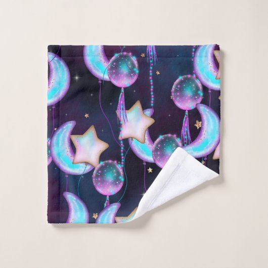 Kosmische Ballons | Planeten der Lila Mond-Sterne Badhandtuch Set (Waschlappen)