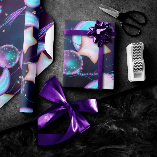 Kosmische Ballons | Planeten der Lila Mond-Sterne Geschenkpapier