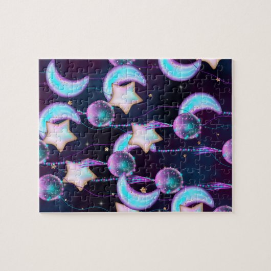 Kosmische Ballons | Planeten der Lila Mond-Sterne Puzzle (Horizontal)