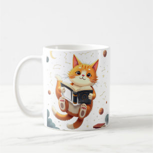 Kosmische Bücherwurm-Katze Weltraum-Lesen Ein Weit Kaffeetasse