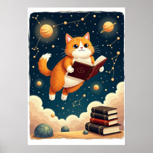 Kosmische Bücherwurm-Katzen-Raum-Lesesticker Tshir Poster
