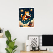 Kosmische Bücherwurm-Katzen-Raum-Lesesticker Tshir Poster (Heimbüro)