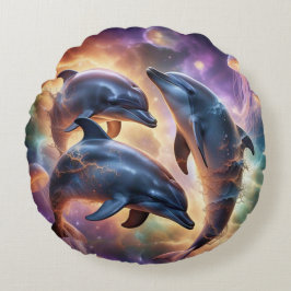 Kosmische Delphine und Quallen im Weltraum Rundes Kissen