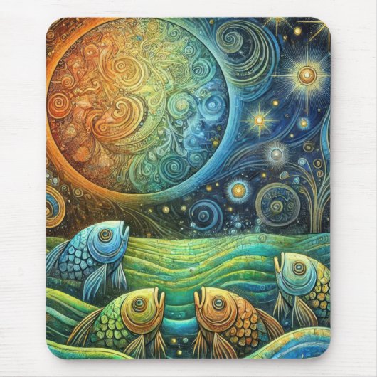 Kosmische Fische und sonnenbeschwingte Meereswelle Mousepad (Vorne)