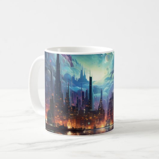 Kosmische Futuristische Metropole Wolkenkratzer Kaffeetasse (Vorderseite Links)