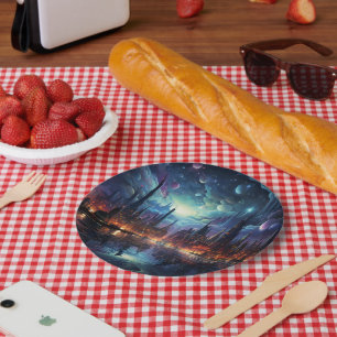 Kosmische Futuristische Metropole Wolkenkratzer Pappteller