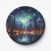 Kosmische Futuristische Metropole Wolkenkratzer Pappteller (Vorderseite)