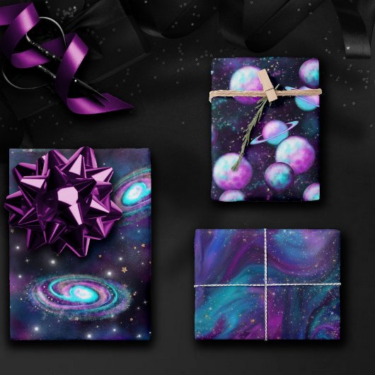 Kosmische Galaxie | Türkisblauer Lila Nebel Geschenkpapier Set