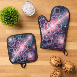 Kosmische Galaxie wirbelt mit Zellen Abstrakte Kun Ofenhandschuh & Topflappen-Set