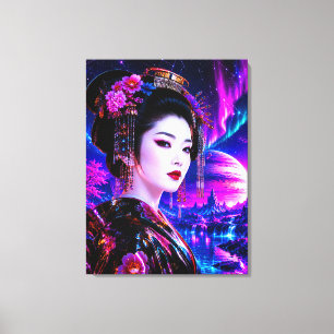 Kosmische Geisha im Neon‑Traumland Leinwanddruck