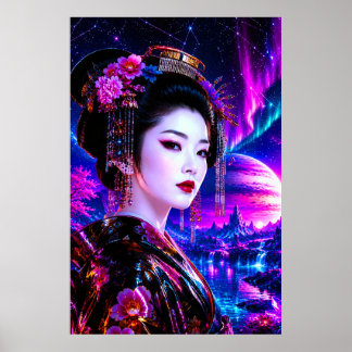 Kosmische Geisha im Neon‑Traumland Poster