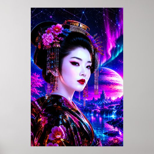 Kosmische Geisha im Neon‑Traumland Poster (Vorne)