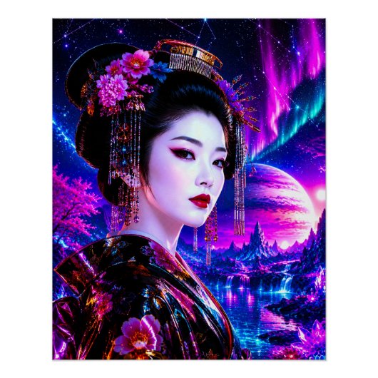Kosmische Geisha im Neon‑Traumland Poster (Vorderseite)