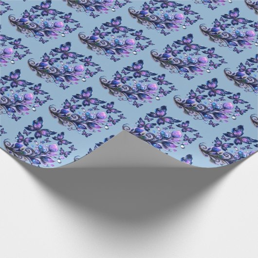 Kosmische Glitzer Schmetterlinge Muster Blau Geschenkpapier (Ecke)