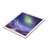 Kosmische Grüngalaxie über Lila Berglandschaft Fliese (Seite)