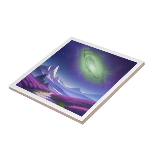 Kosmische Grüngalaxie über Lila Berglandschaft Fliese (Seite)