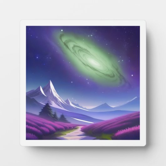 Kosmische Grüngalaxie über Lila Berglandschaft Fotoplatte (Vorderseite)